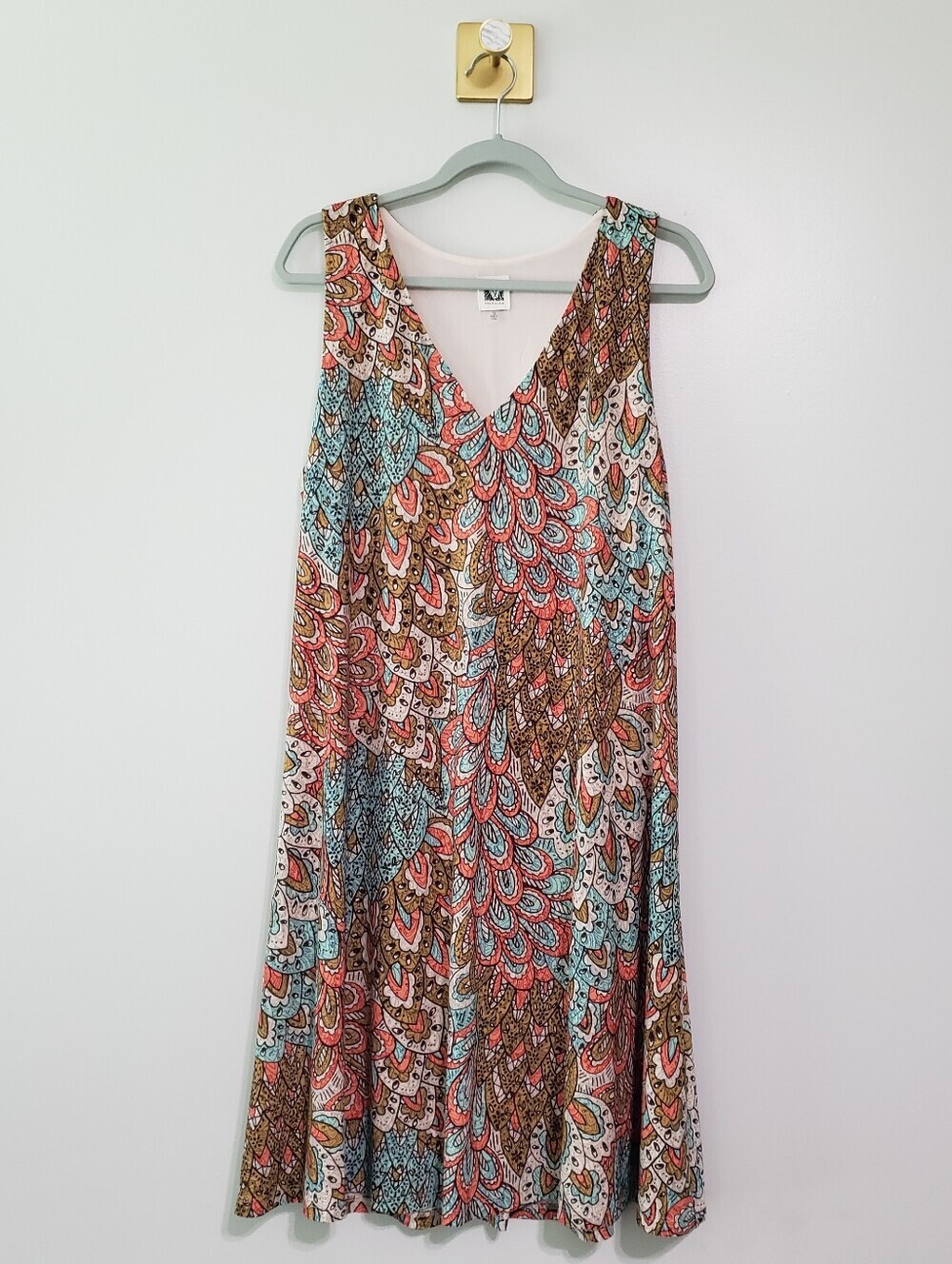 Anne Klein Sleeveles V-Neck Multicolor Boho Print Swing Dress 12 Lined Stretchy
